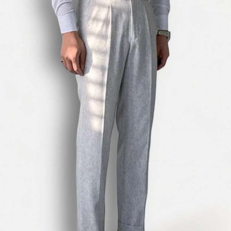 Italy wedding suit trousers in soft grey, full-length, inspired by French fashion houses.