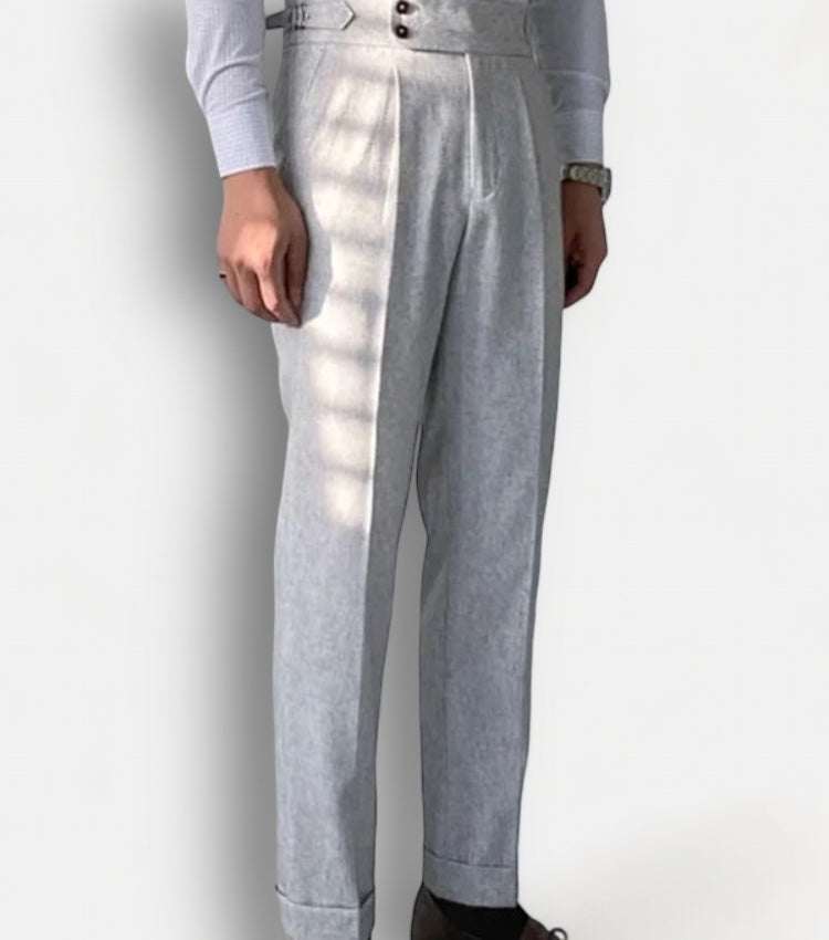 Italy wedding suit trousers in soft grey, full-length, inspired by French fashion houses.