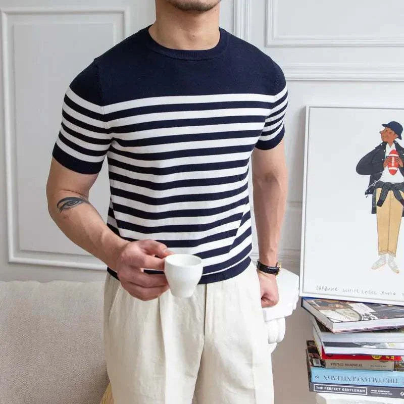 Men's striped spring knitted round neck t-shirt, casual and elegant style.