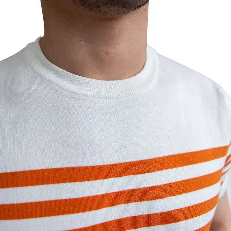 Spring knitted round neck t-shirt with striped pattern, casual and elegant style.