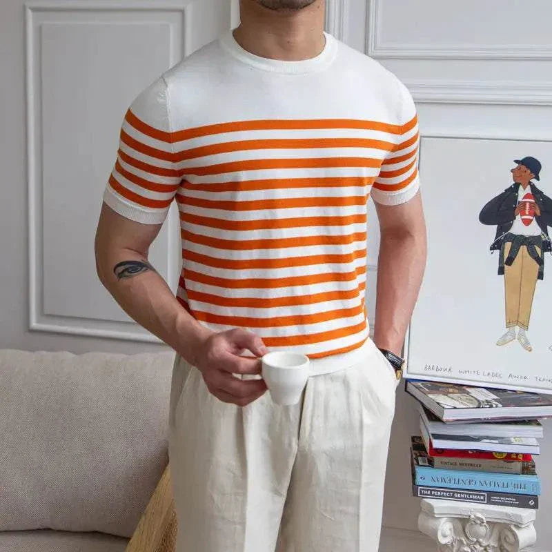 Striped orange and white spring knitted round neck t-shirt for men, perfect for casual and elegant summer style.