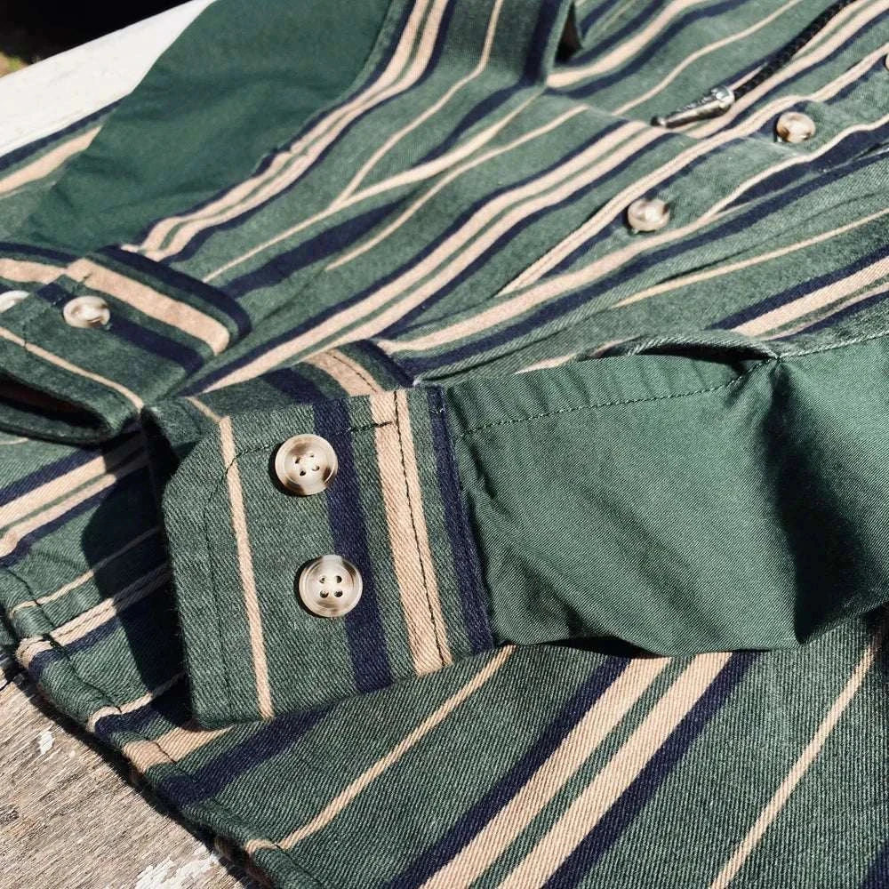 Vintage summer cotton shirt with stripes, classic collar, green and beige.