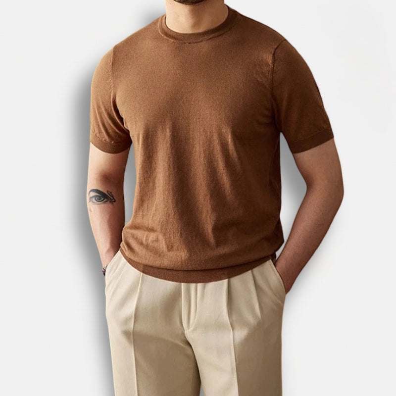 Luxury o-neck collar summer t-shirt for men, brown, solid pattern, ideal for casual or office wear.