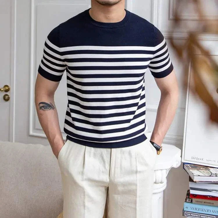 Spring knitted round neck t-shirt, striped pattern, men's spring/summer casual elegant style.