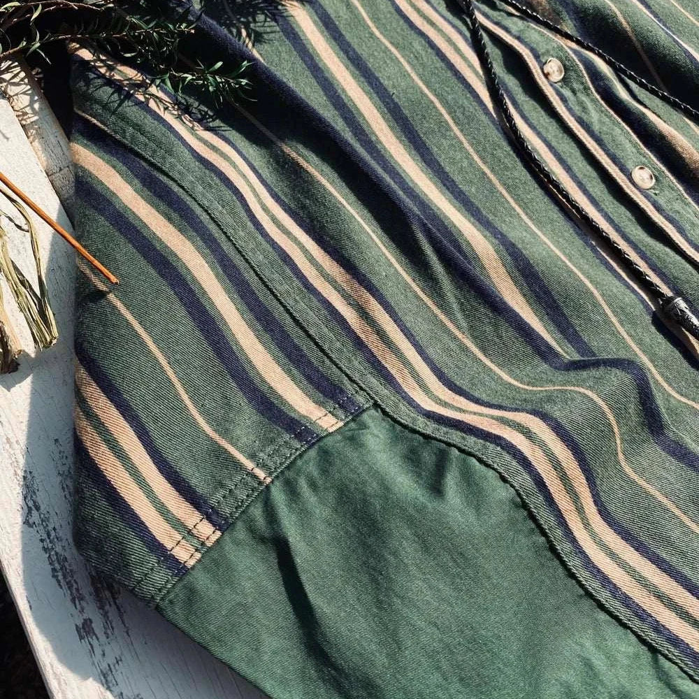 Vintage summer cotton shirt with stripes in green and beige tones.