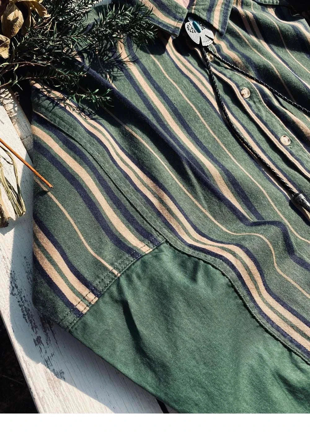 Vintage summer cotton shirt with stripes in green and beige tones.