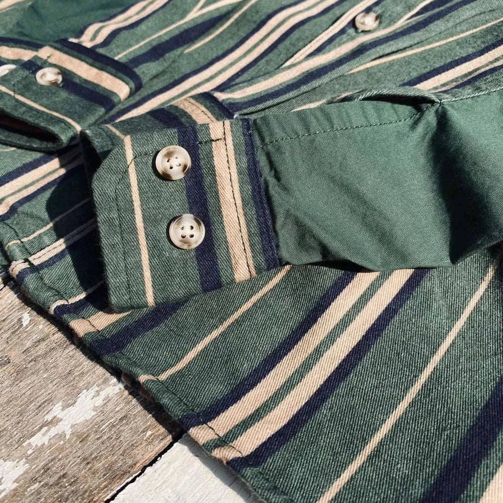 Vintage summer cotton shirt with green and beige stripes, classic collar, buttoned cuffs.