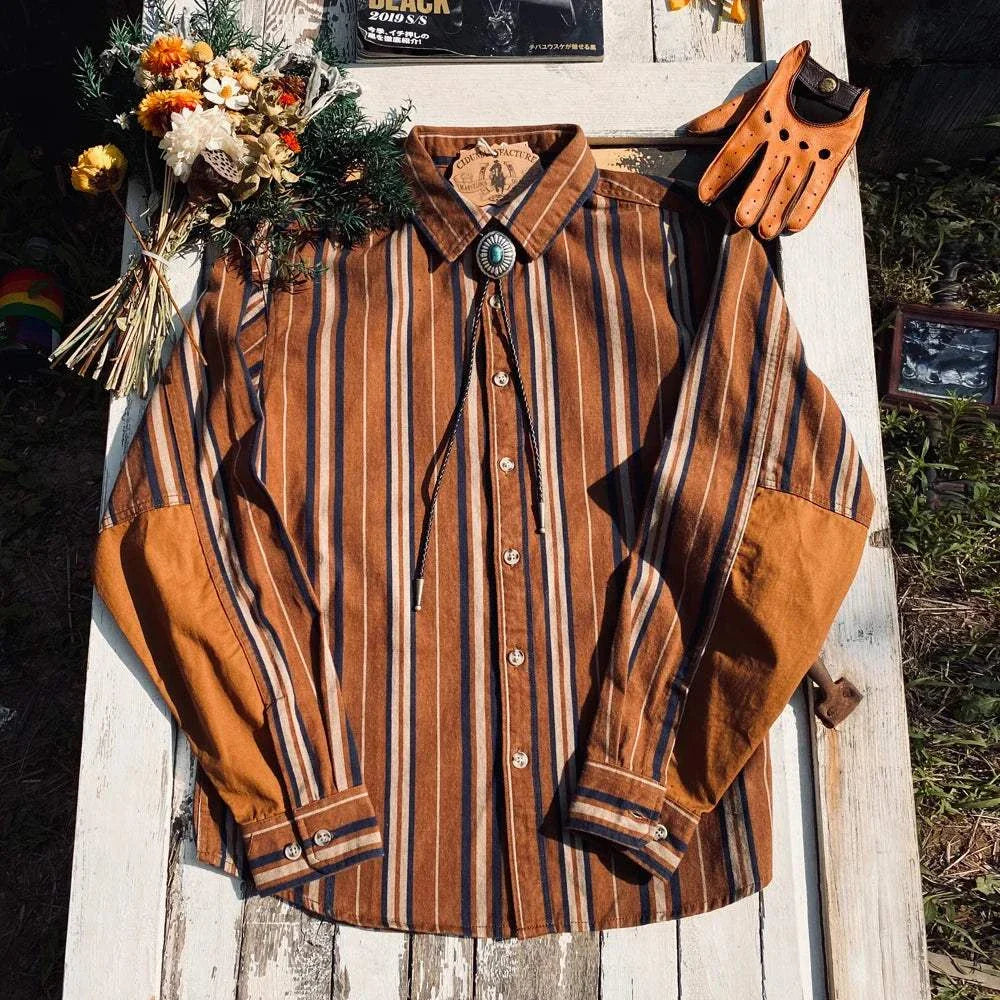 Vintage summer cotton shirt with stripes, classic collar, and casual elegant style.