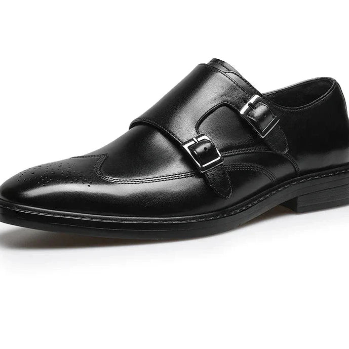 Black leather business formal monk shoes for men, featuring dual buckles and elegant design, ideal for professional and casual occasions.