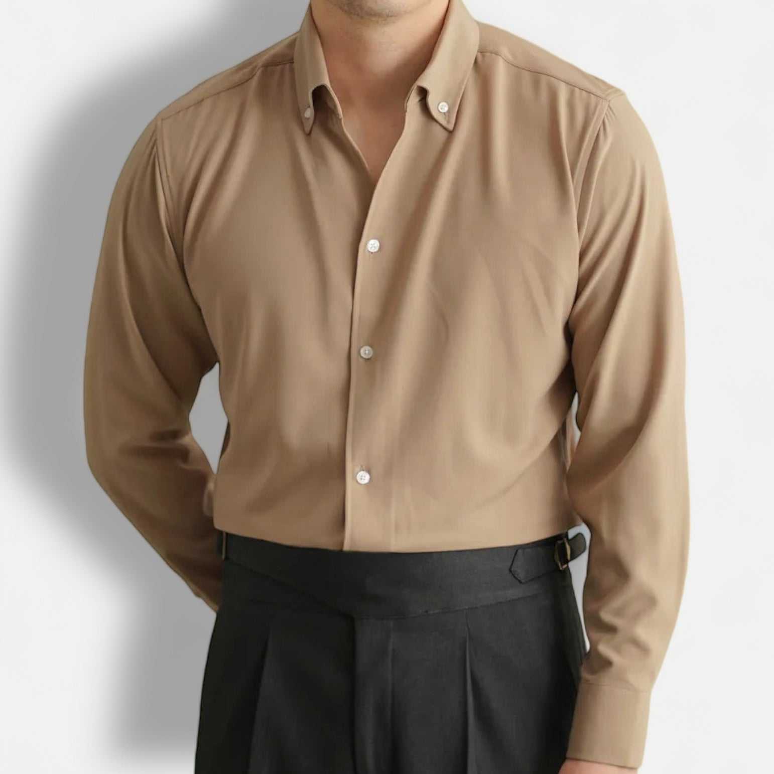 Men's spring pointer collar long sleeve shirt in solid color, polyester and spandex material.