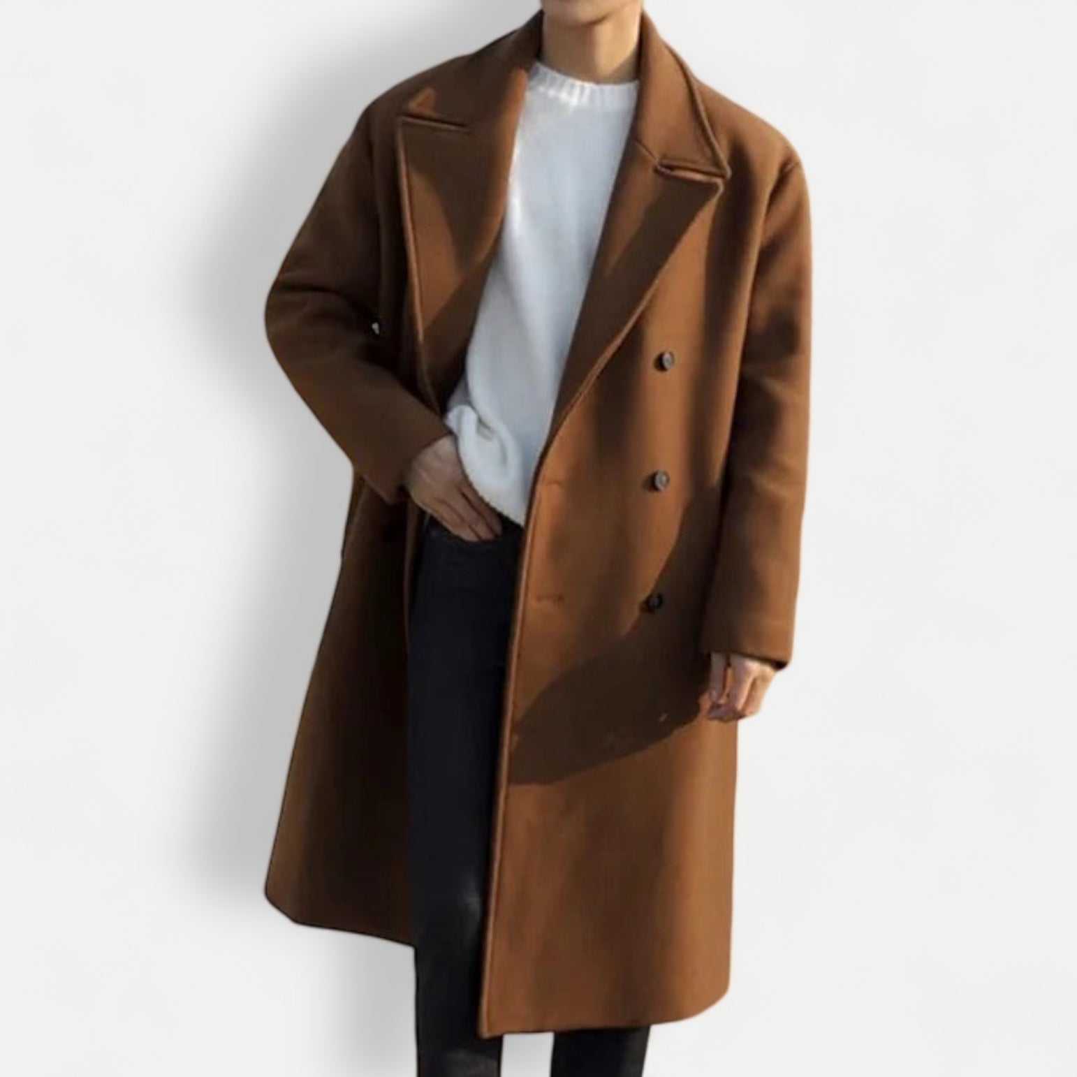 Men's woolen Korean long coat, brown, stylish winter wear.