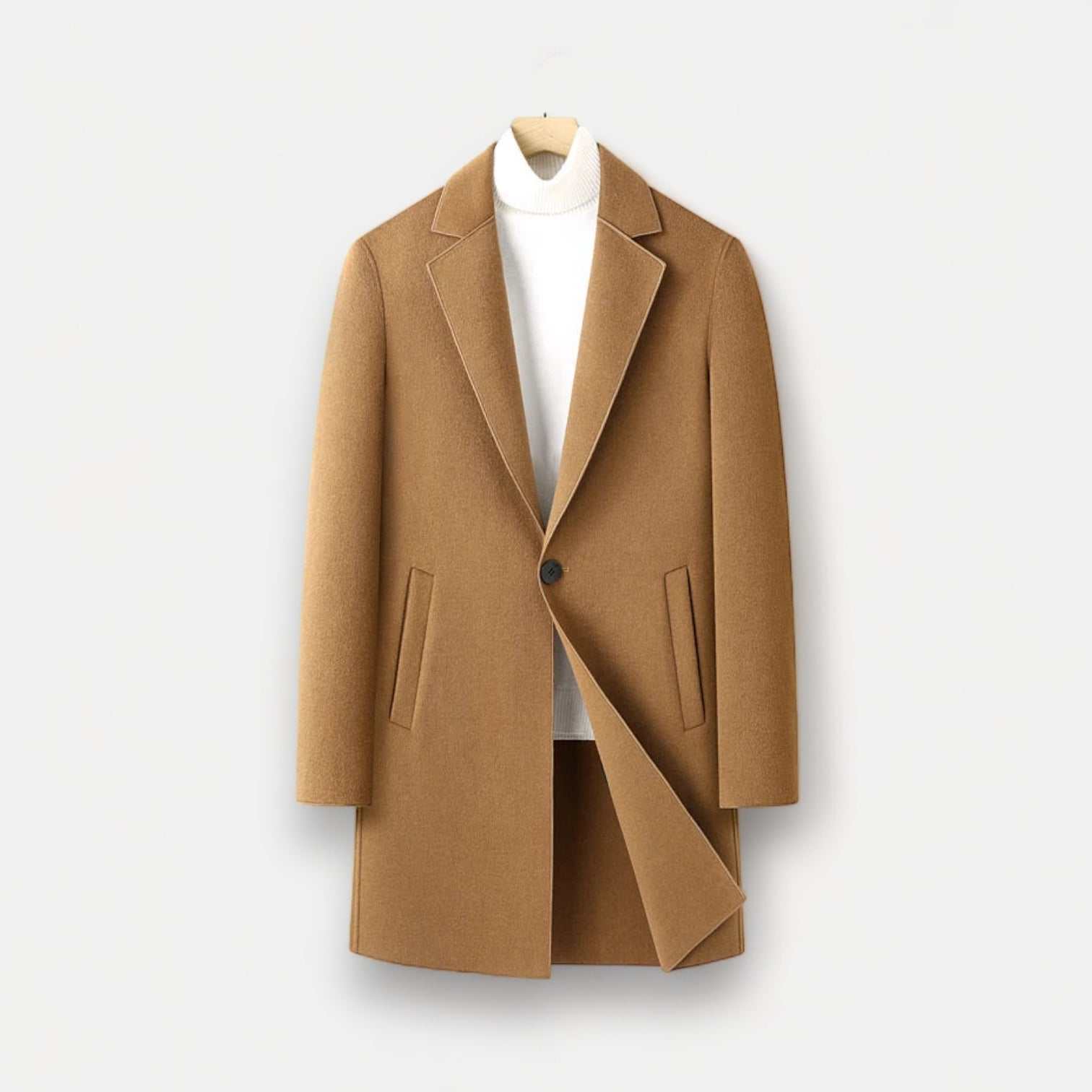 Woolen business long coat for men in brown, ideal for autumn and winter.
