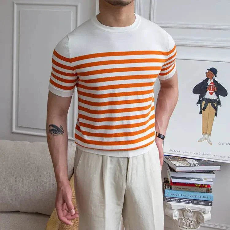 Spring knitted round neck t-shirt for men in orange and white stripes, casual and elegant style.