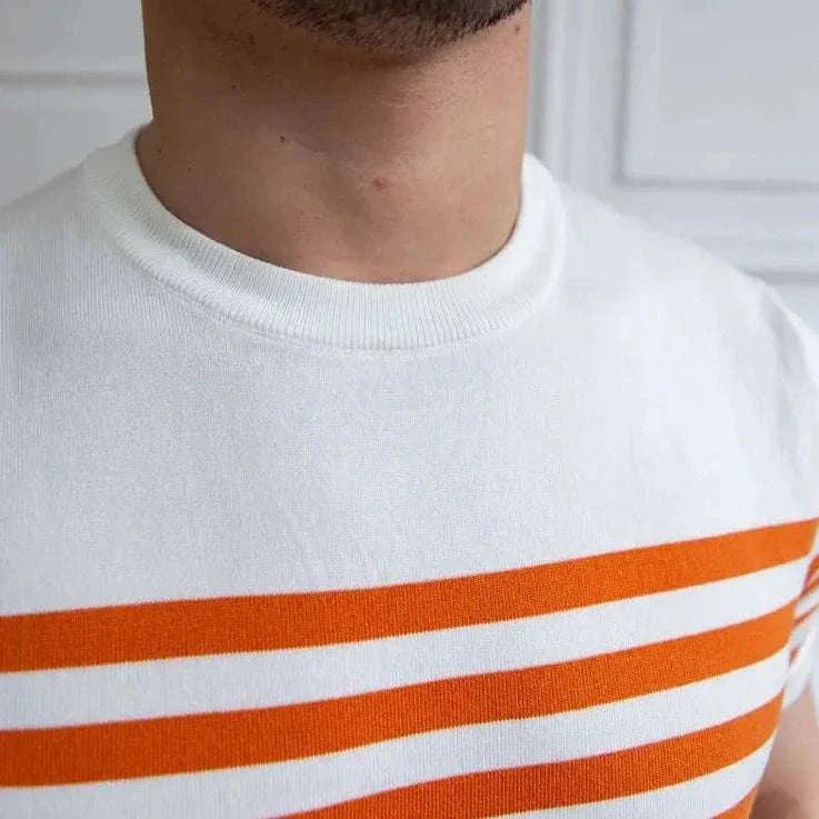 Spring knitted round neck t-shirt in striped pattern, ideal for casual or office style.