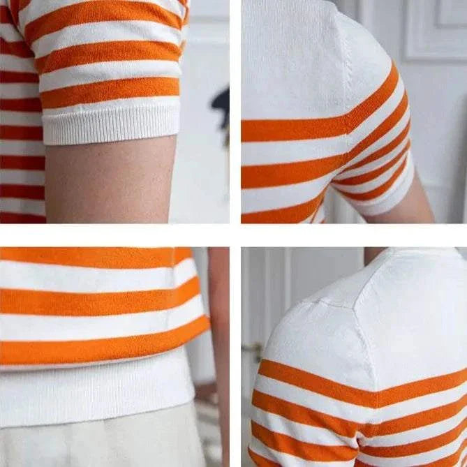Striped spring knitted round neck t-shirt, casual style for men.
