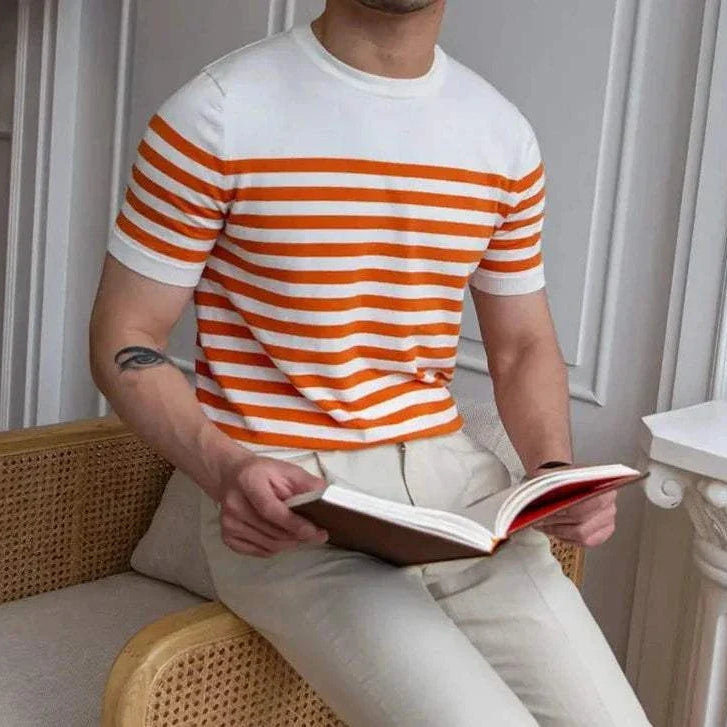 Men's striped spring knitted round neck t-shirt.