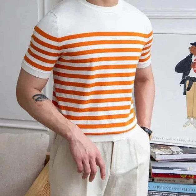Spring knitted round neck t-shirt with orange and white stripes, perfect for casual or office wear.