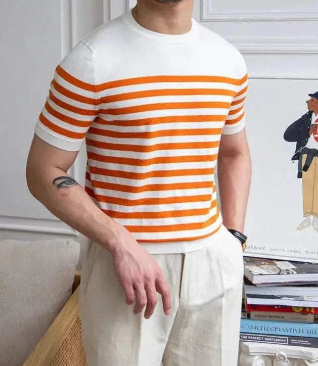 Spring knitted round neck t-shirt with orange and white stripes, perfect for casual or office wear.