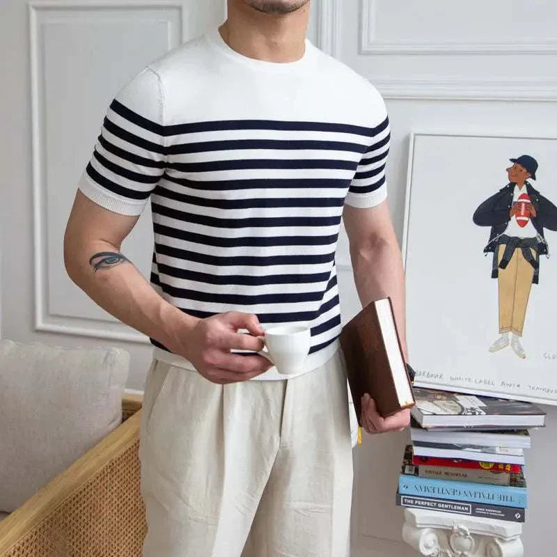 Spring knitted round neck t-shirt for men with striped pattern, ideal for spring and summer casual wear.