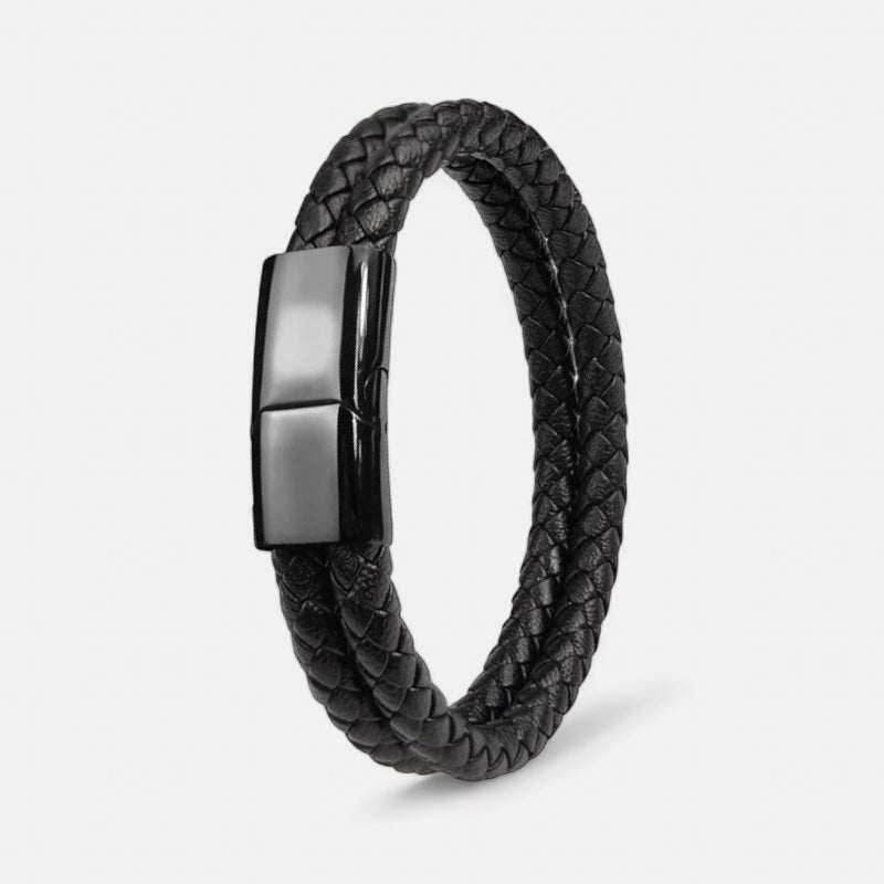 Double band leather bracelet with stainless steel clasp.