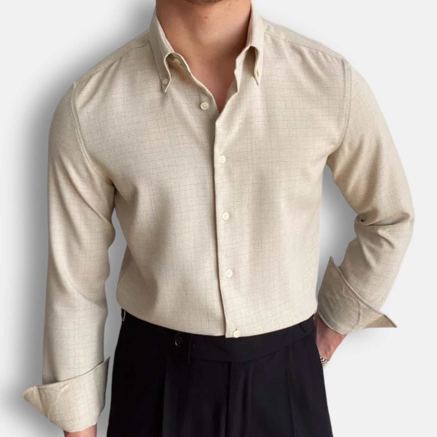 Office casual long-sleeve shirt in solid beige, men's stylish attire.