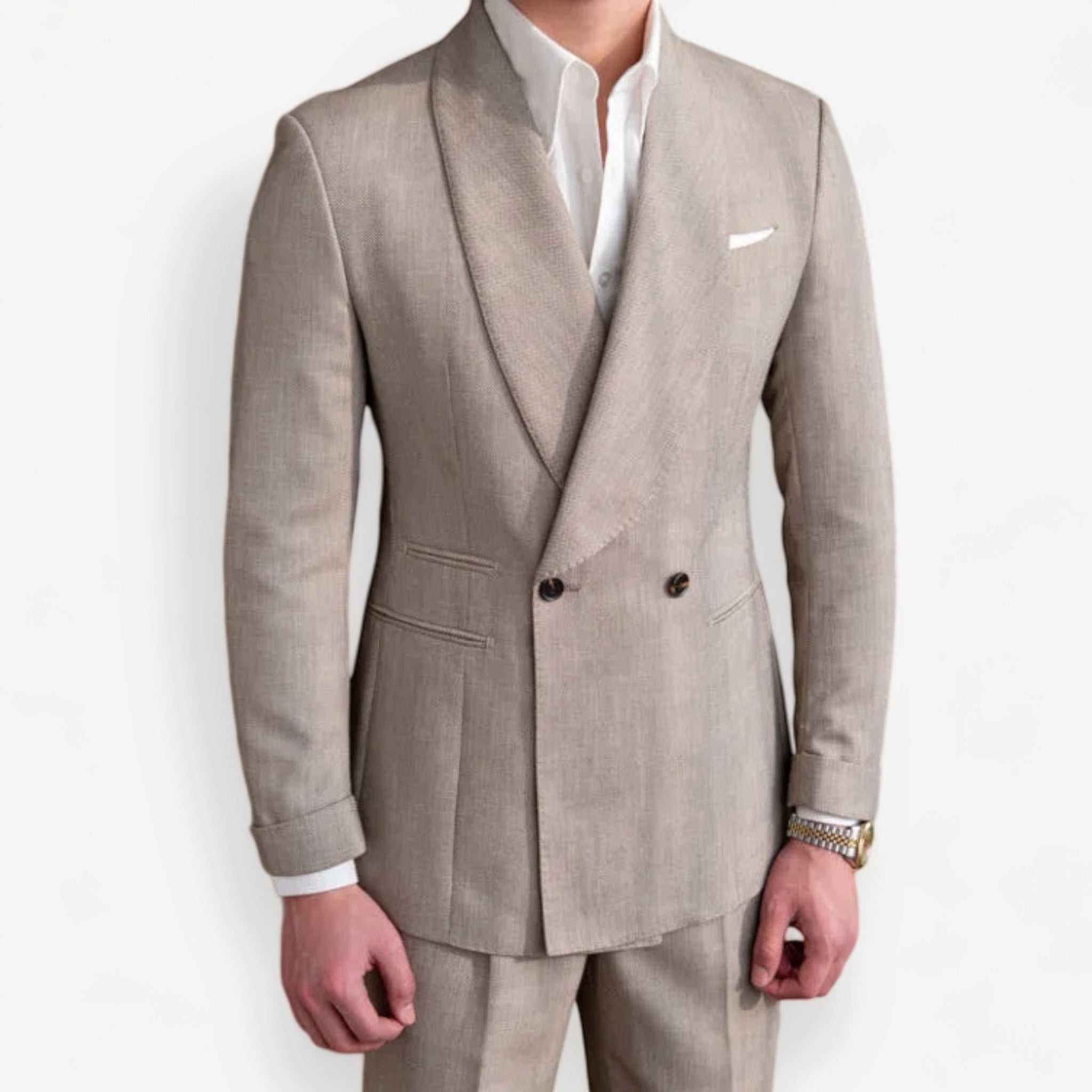British wedding 2 pieces suit with jacket and pants in beige, sleek polyester fabric.