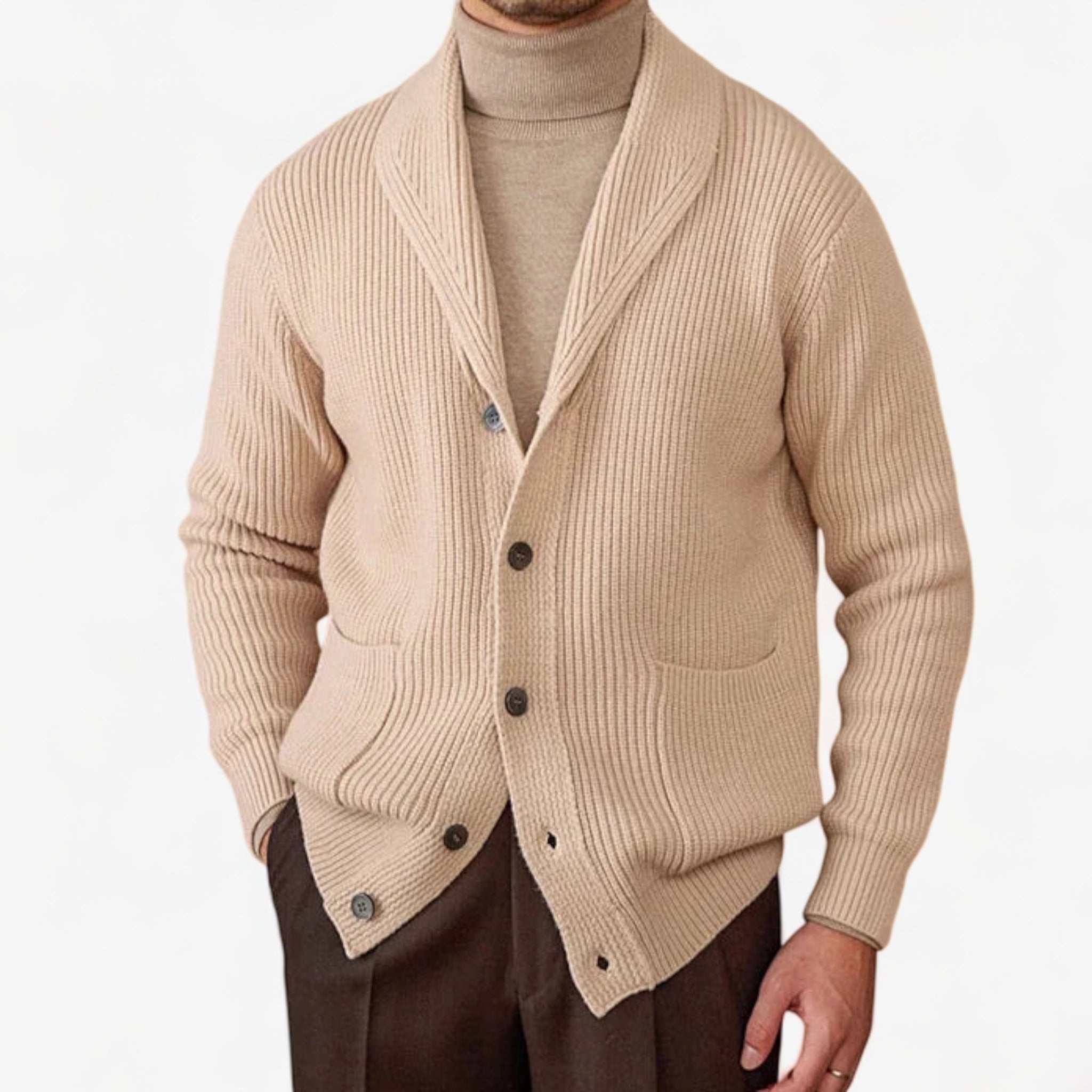 Men's autumn old money cardigan made from warm wool, beige color, with buttons and pockets.