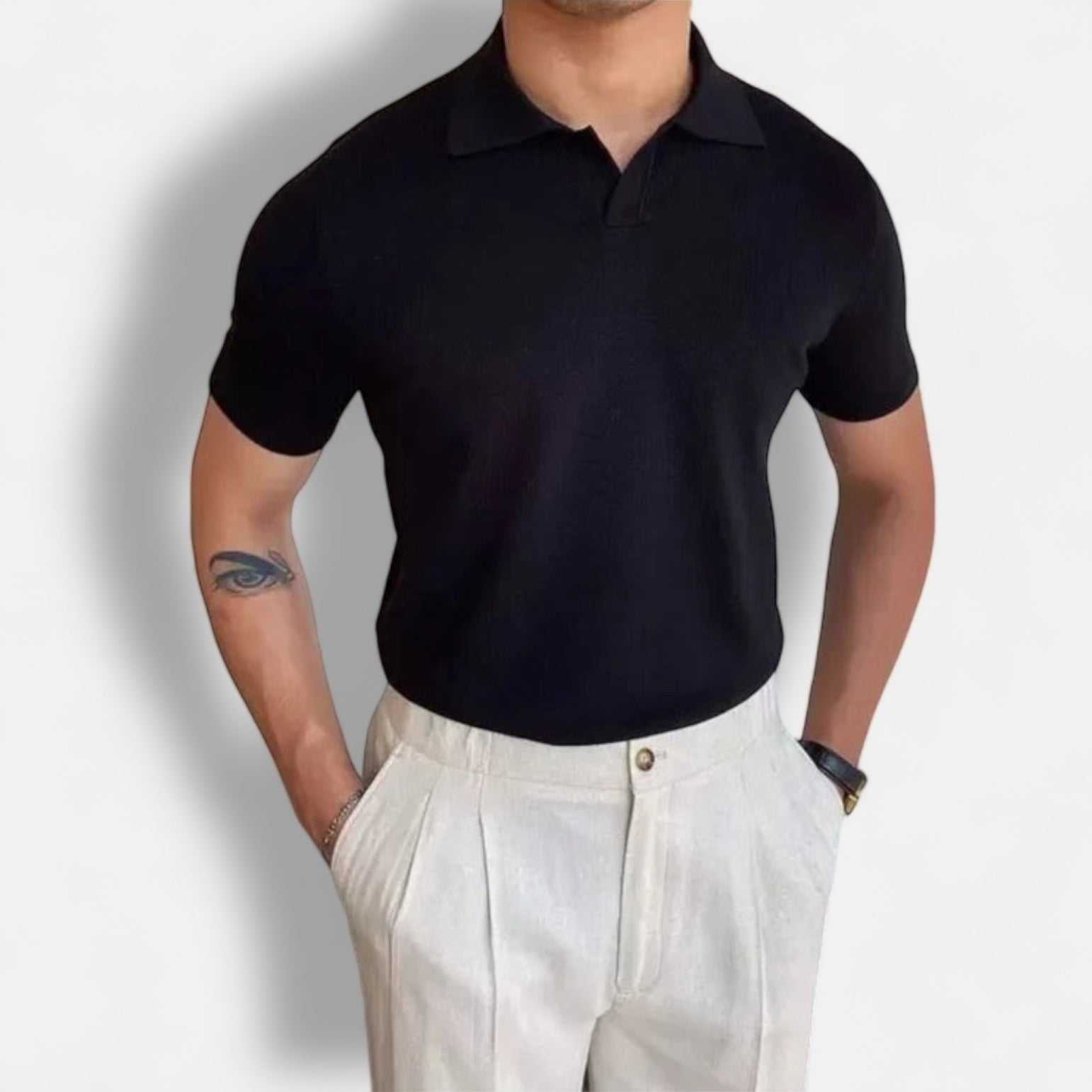 Japanese summer regular fit t-shirt with v collar in black for men.