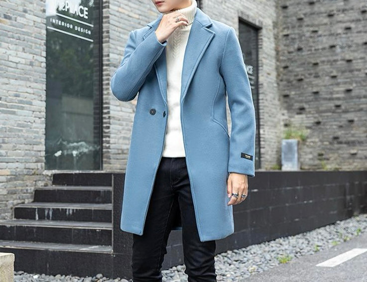 Antonios Long Wool Coat Men in light blue, stylish and comfortable for all seasons.
