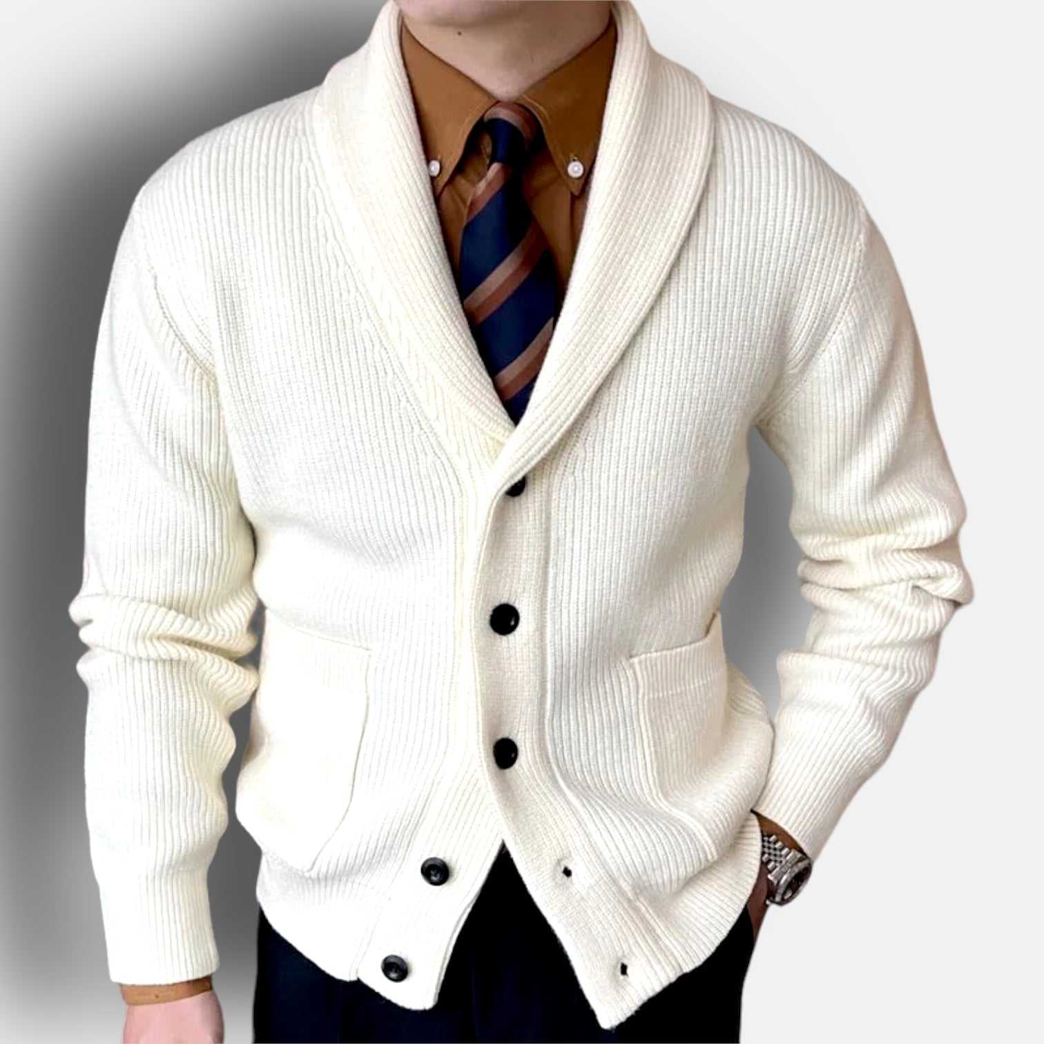 Fall season casual cardigan in white, lightweight acrylic, stylish and warm for men.