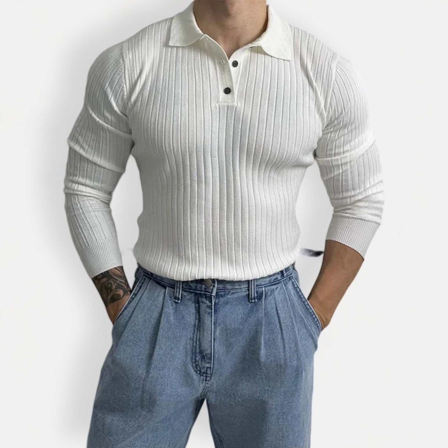 Men's muscle fit sweater in white, showcasing ribbed design and perfect fit.