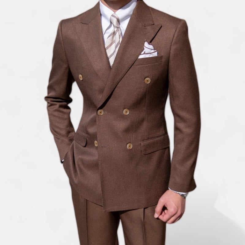 Brown double-breast suit for men featuring a solid pattern, perfect for business or special events.