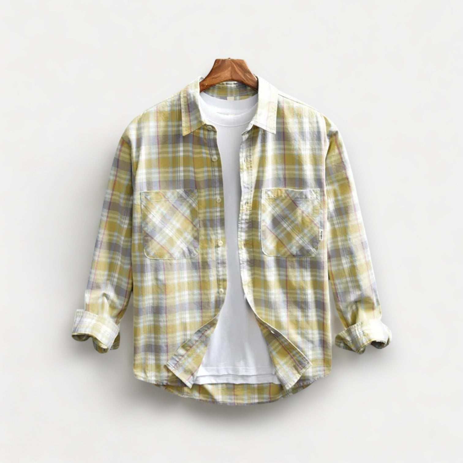 Retro cotton summer plaid shirt for men in yellow and white, casual and elegant style.