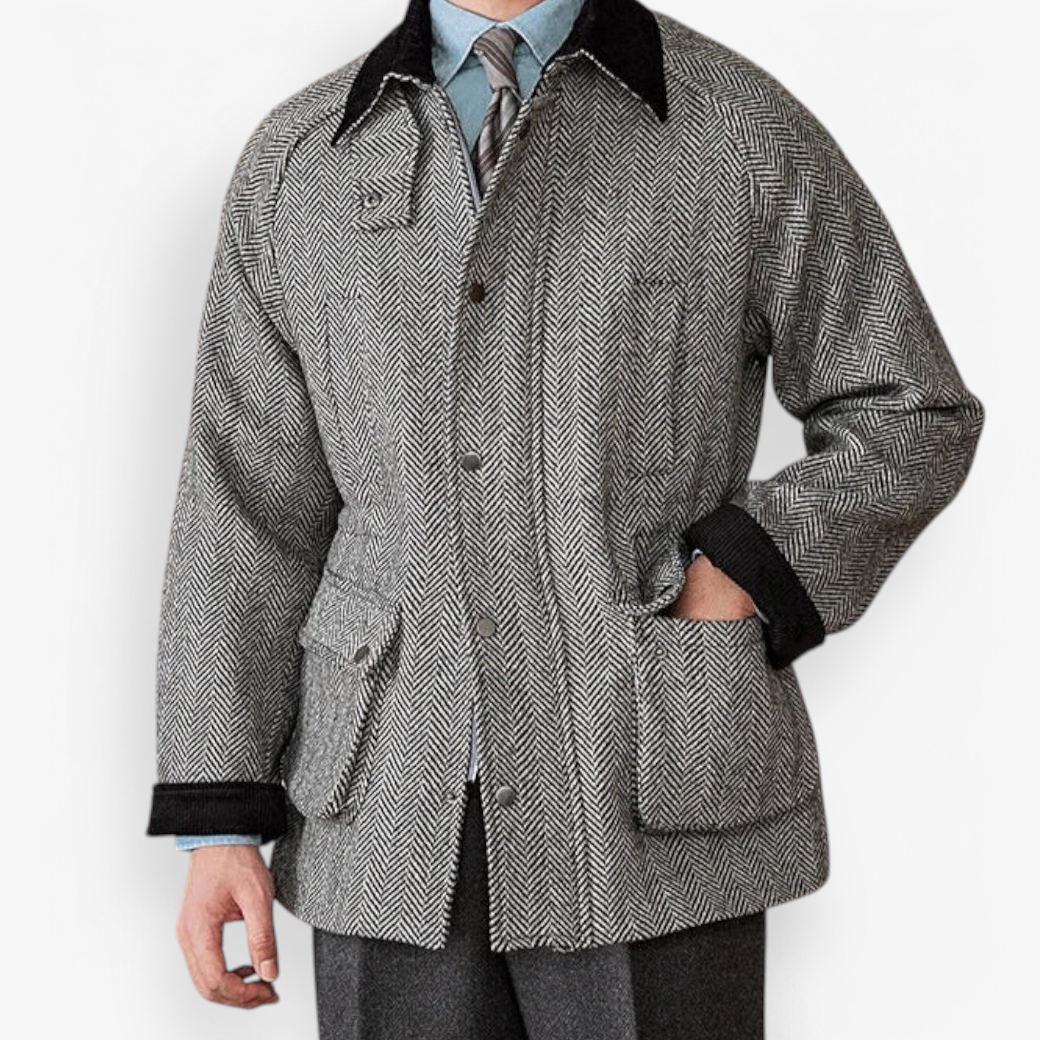 Wool heavy vintage coat for men with herringbone pattern, ideal for winter warmth and style.