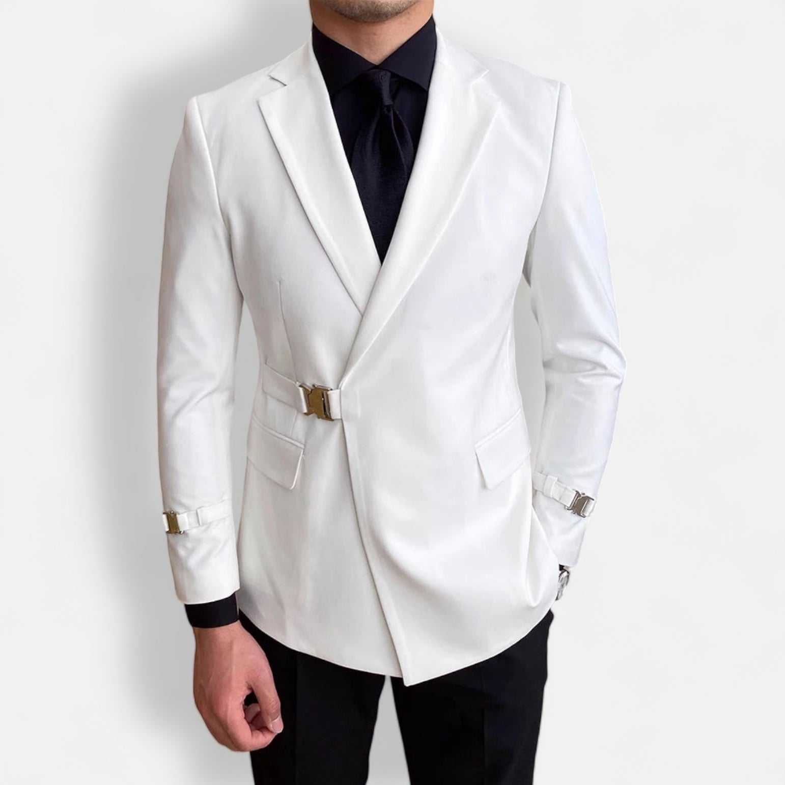 Elegant slim fit suit jacket in high-quality white polyester for men.