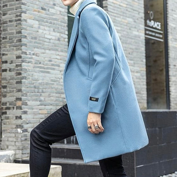 Antonios Long Wool Coat Men in light blue, casual and elegant style, ideal with boots and jeans.