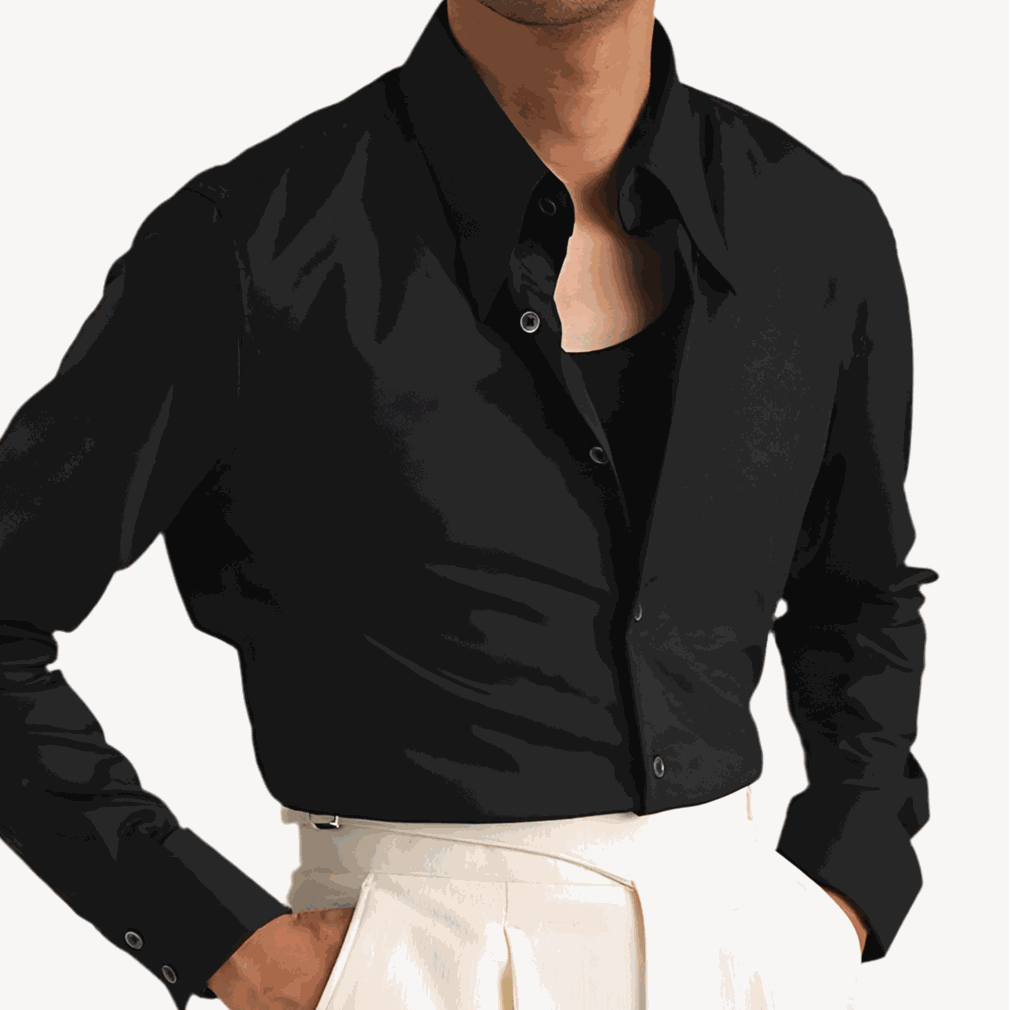 Party tuxedo long sleeve shirt in black polyester, men's fashion.