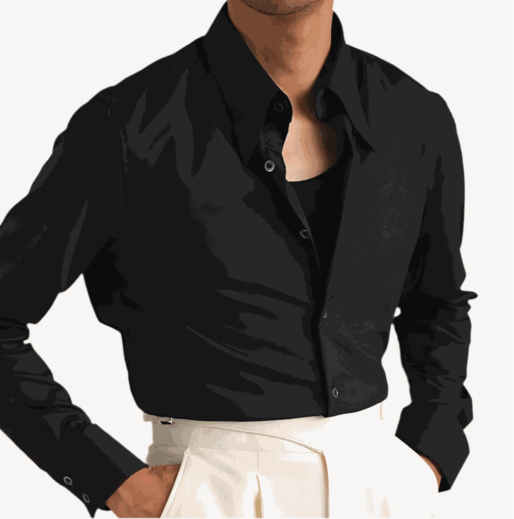 Party tuxedo long sleeve shirt in black polyester, men's fashion.