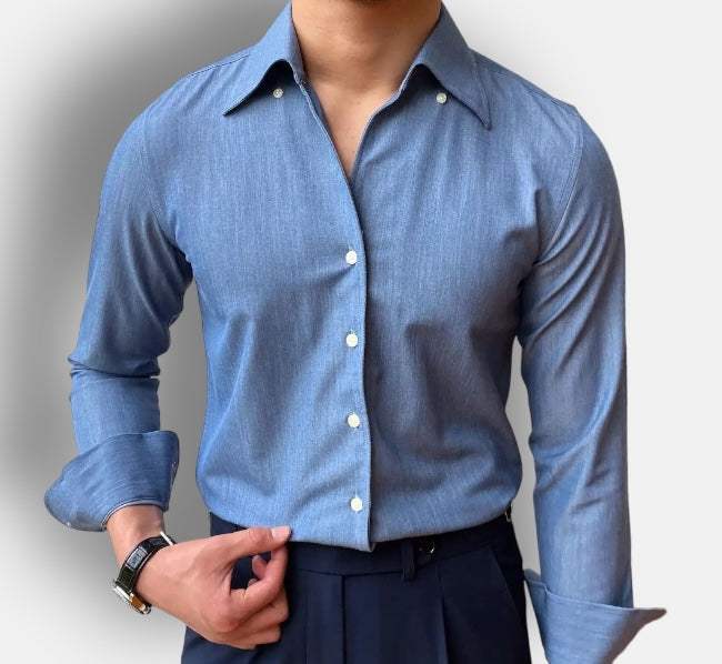 Antonios British casual shirt, classic collar, solid color, polyester fabric.
