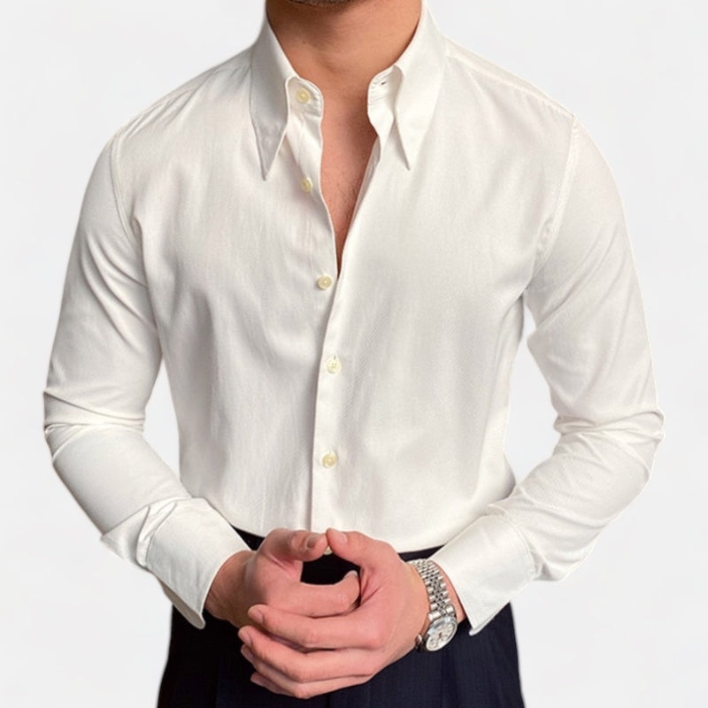 Men's long sleeve white cotton wedding shirt, smart casual style.