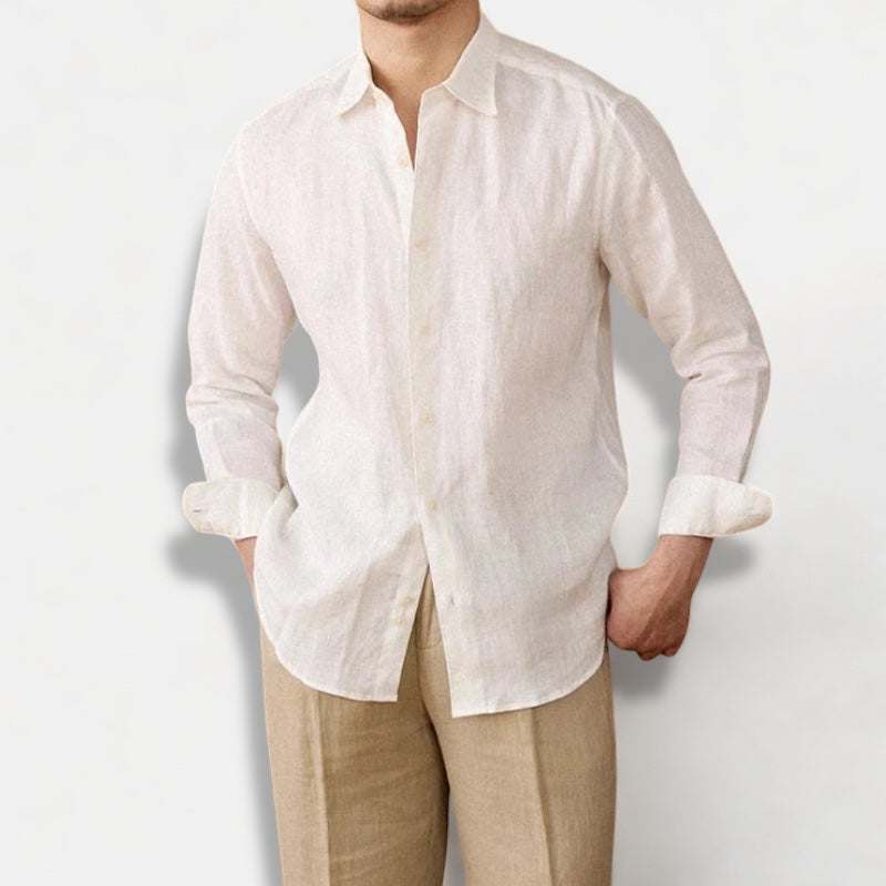 Relaxed fit casual long sleeve linen shirt for men, perfect for spring and summer.