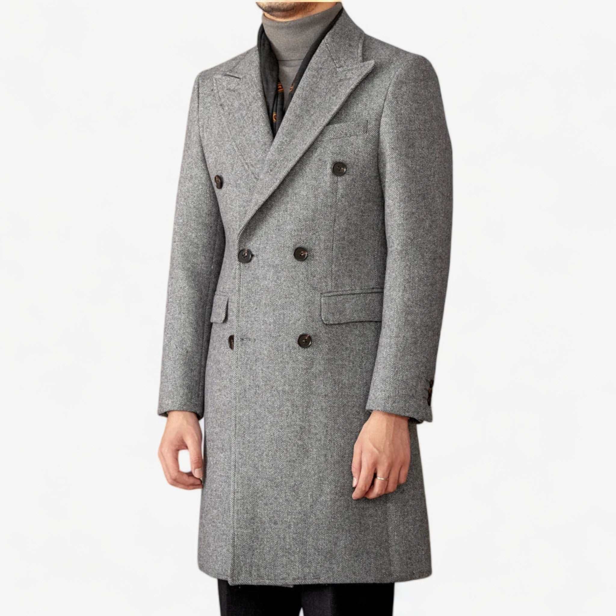 Men's winter double-breasted wool coat, grey, warm and stylish.
