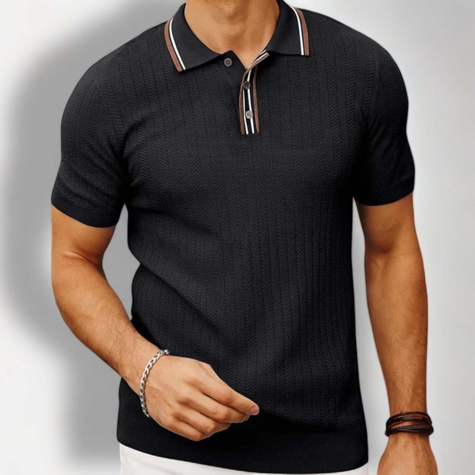 Men's summer knit regular polo t-shirt in black with stripe details, casual style.