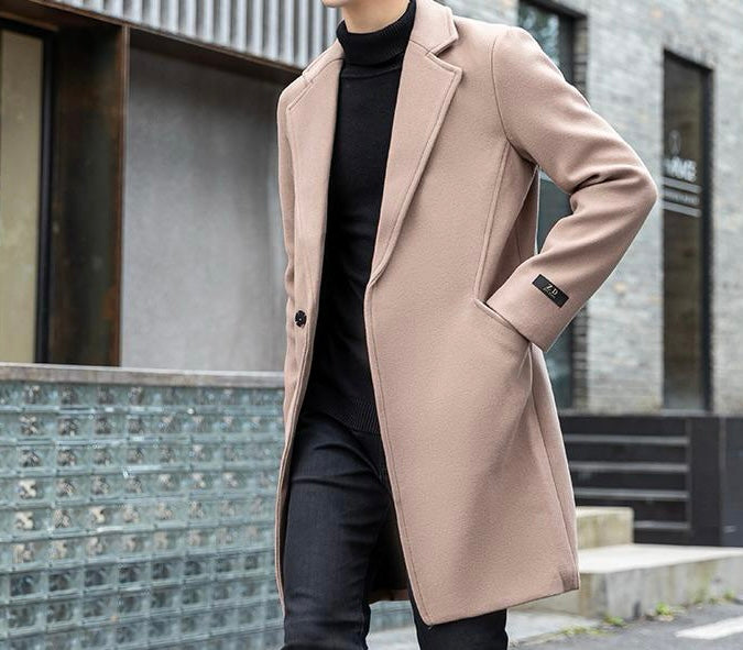 Antonios Long Wool Coat Men in beige, casual elegant style.
