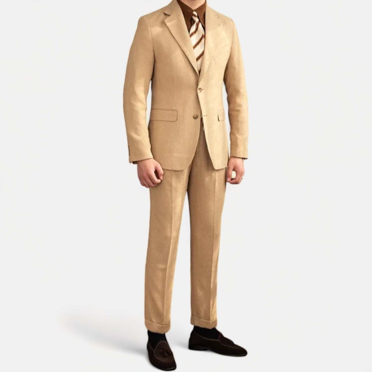 Wedding 2 piece premium suit in beige, tailored fit, polyester fabric.