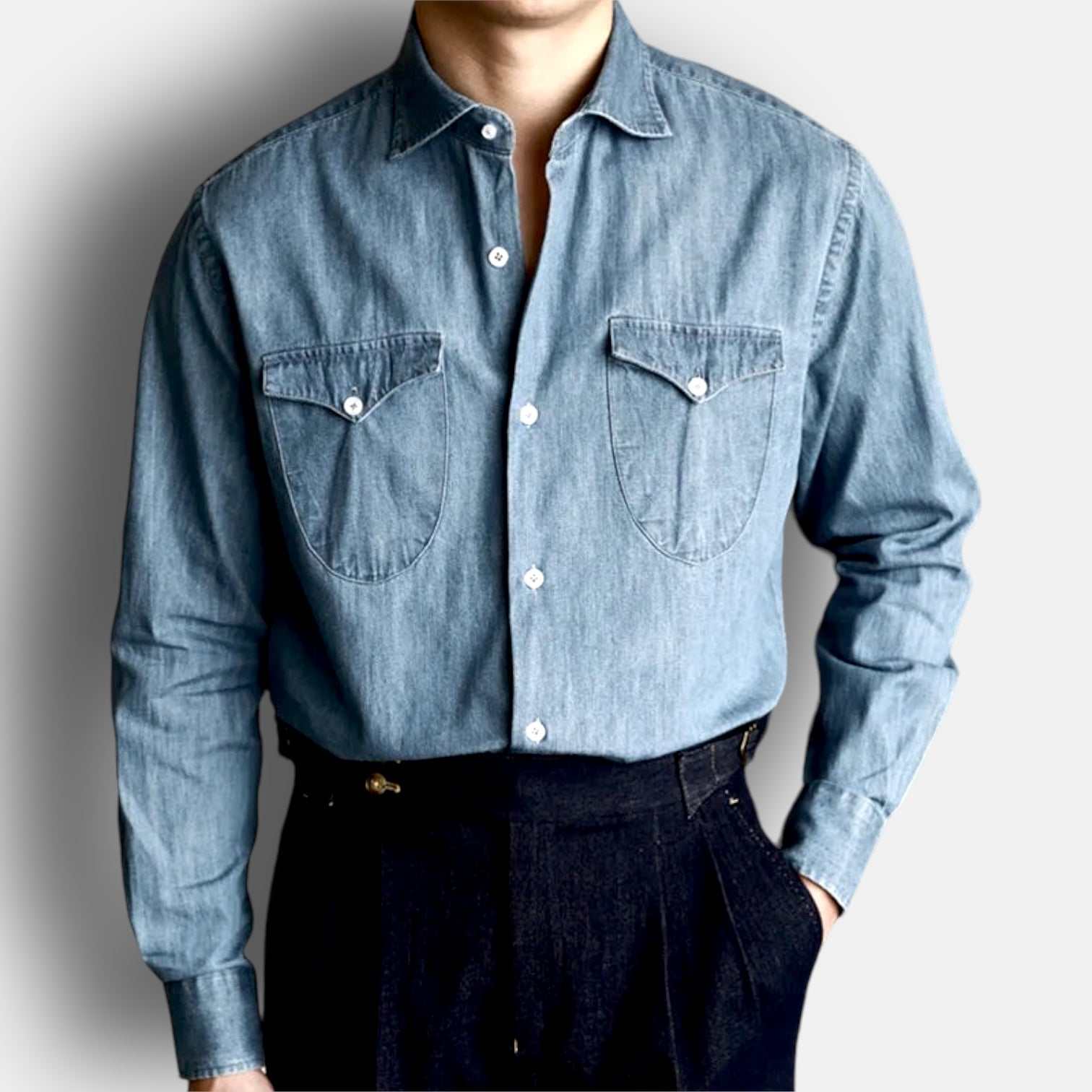 Office premium denim shirt for men with classic collar and solid pattern.