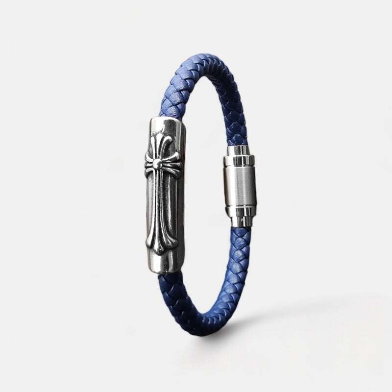 Leather bracelet with stainless steel cross featuring blue PU leather.