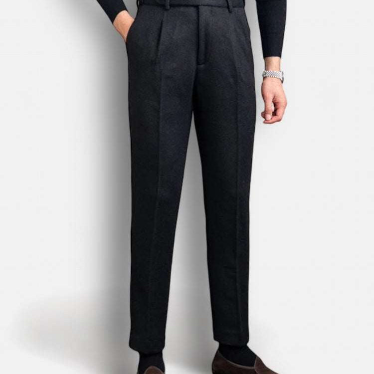 Winter wool Italian trousers in solid black, perfect for men's casual and smart casual wear.