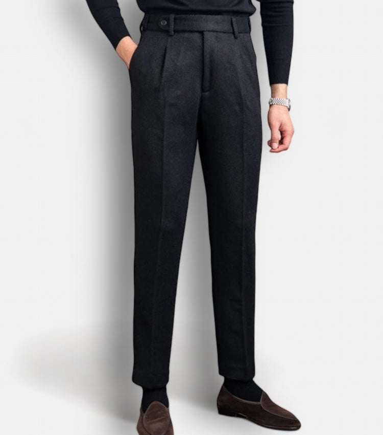 Winter wool Italian trousers in solid black, perfect for men's casual and smart casual wear.