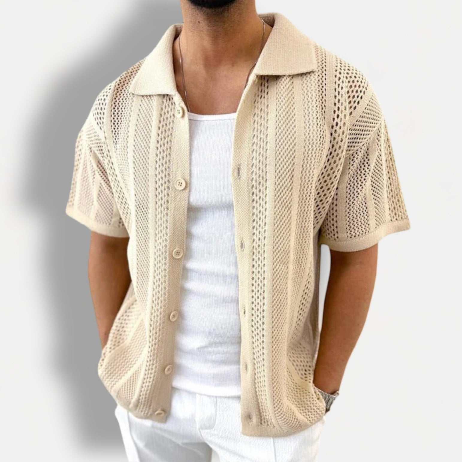 Vintage casual short sleeve shirt with button-up design and breathable fabric.